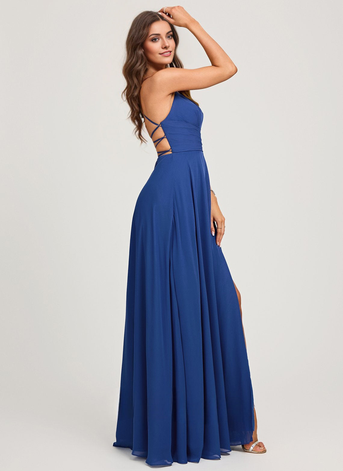 A-line V-Neck Floor-Length Chiffon Prom Dresses With Pleated