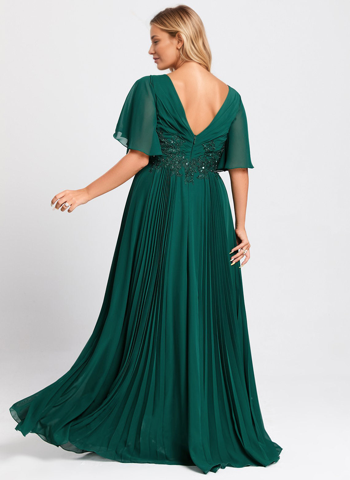 A-line V-Neck Floor-Length Chiffon Mother of the Bride Dress With Sequins Appliques Lace Pleated