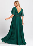 A-line V-Neck Floor-Length Chiffon Mother of the Bride Dress With Sequins Appliques Lace Pleated