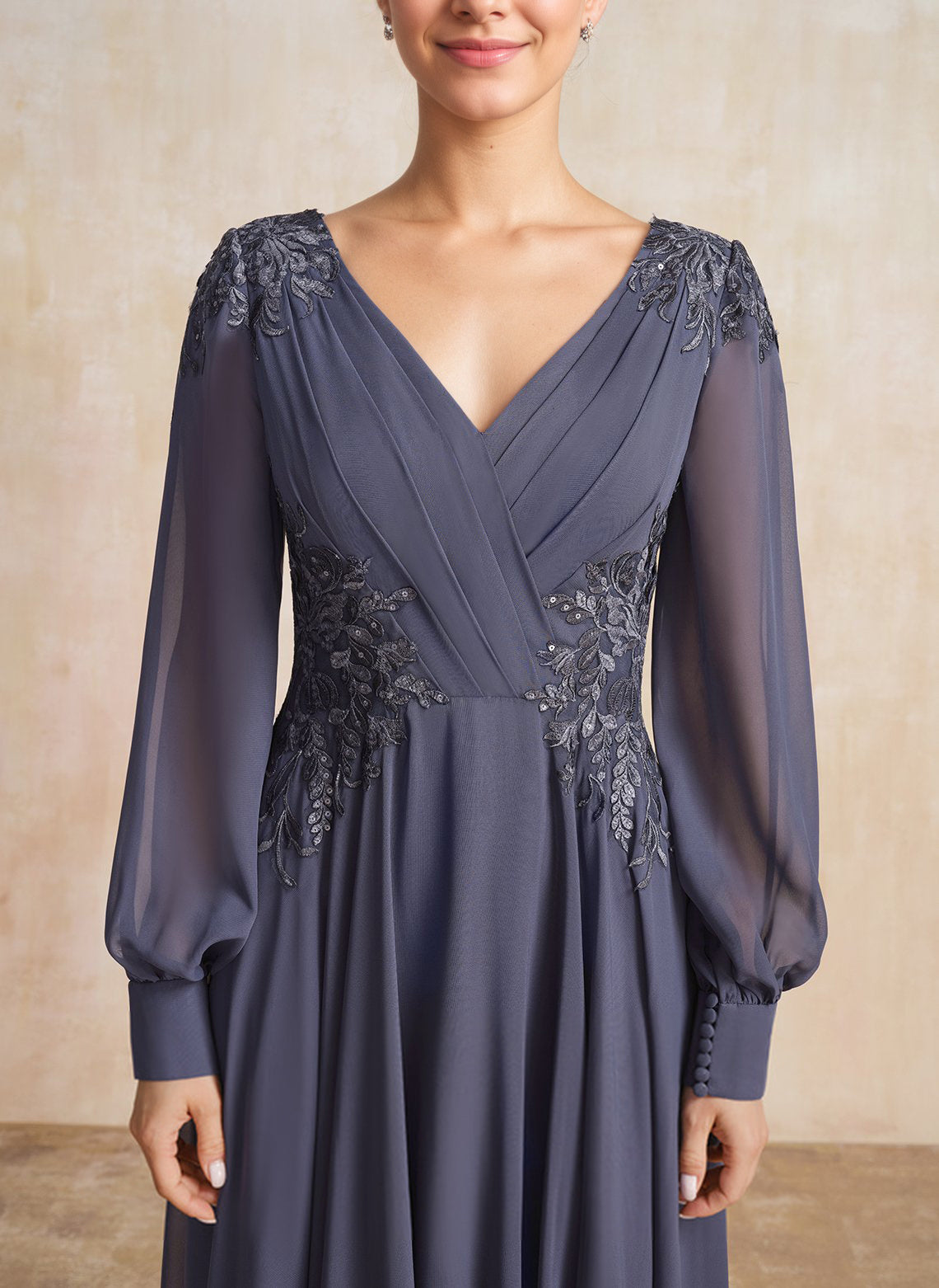 A-line V-Neck Floor-Length Chiffon Mother of the Bride Dress With Sequins Appliques Lace Pleated