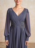 A-line V-Neck Floor-Length Chiffon Mother of the Bride Dress With Sequins Appliques Lace Pleated