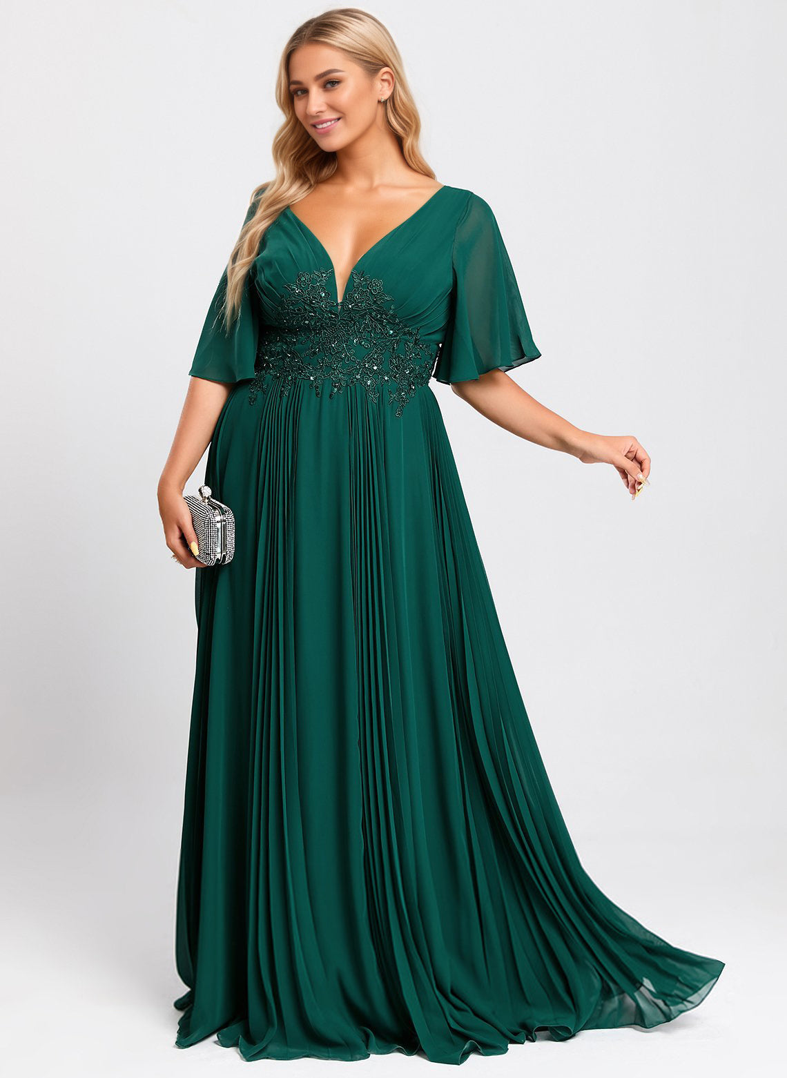 A-line V-Neck Floor-Length Chiffon Mother of the Bride Dress With Sequins Appliques Lace Pleated