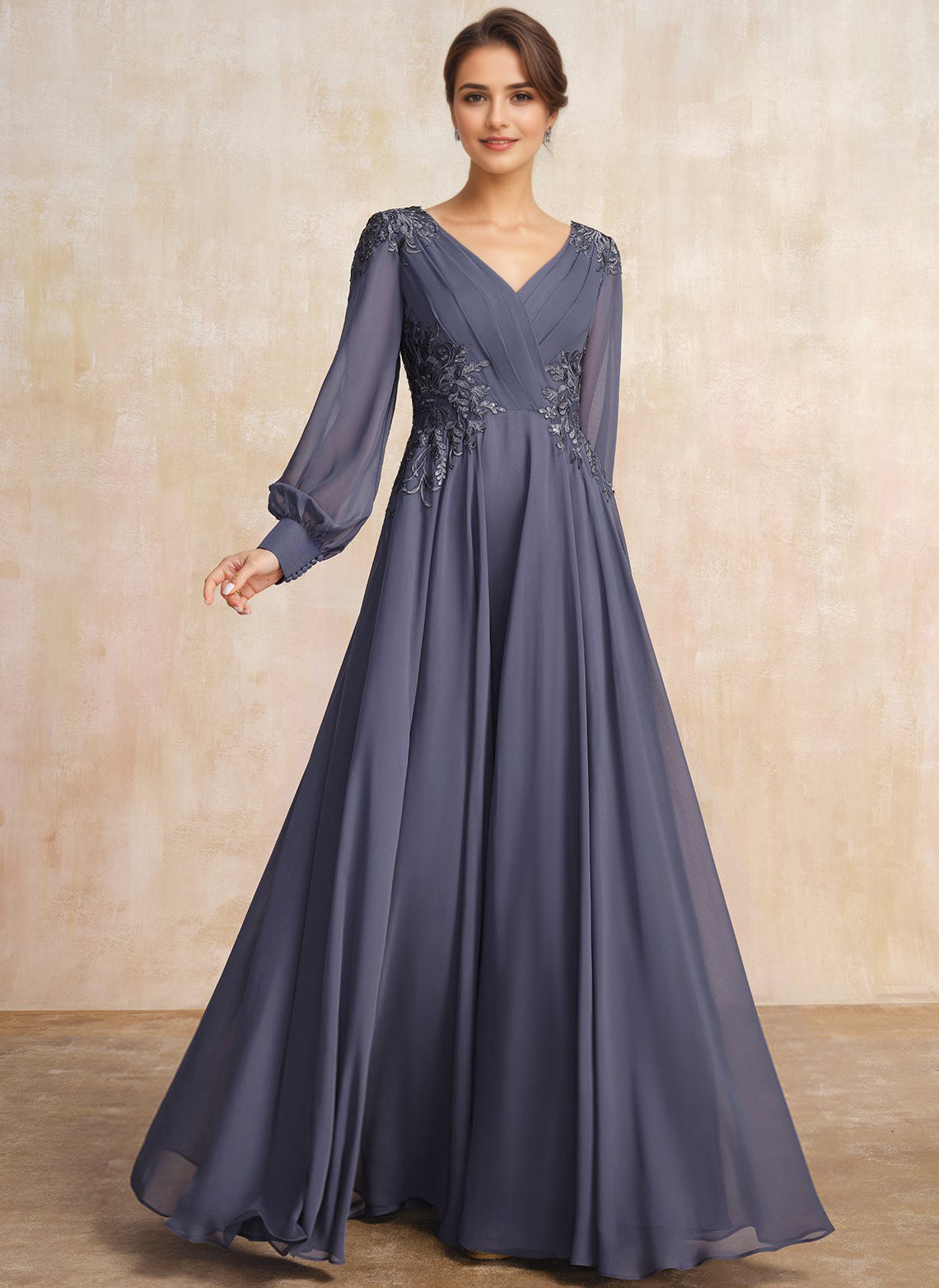 A-line V-Neck Floor-Length Chiffon Mother of the Bride Dress With Sequins Appliques Lace Pleated