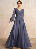A-line V-Neck Floor-Length Chiffon Mother of the Bride Dress With Sequins Appliques Lace Pleated