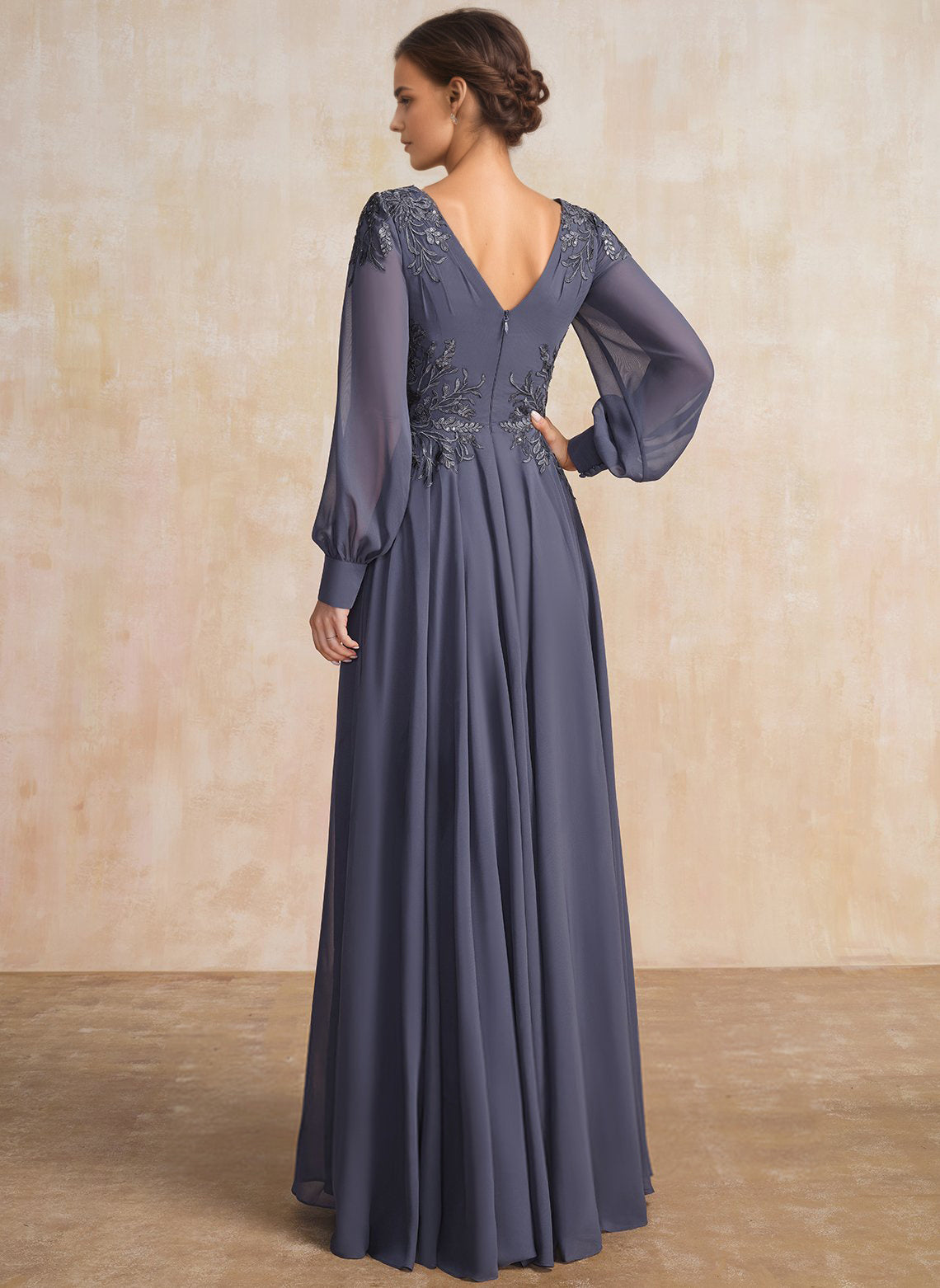 A-line V-Neck Floor-Length Chiffon Mother of the Bride Dress With Sequins Appliques Lace Pleated