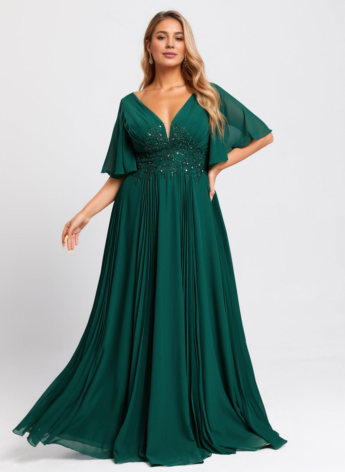 A-line V-Neck Floor-Length Chiffon Mother of the Bride Dress With Sequins Appliques Lace Pleated