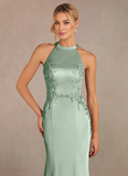 Mermaid Halter Lace Stretch Satin Sweep train Mother of the Bride Dress