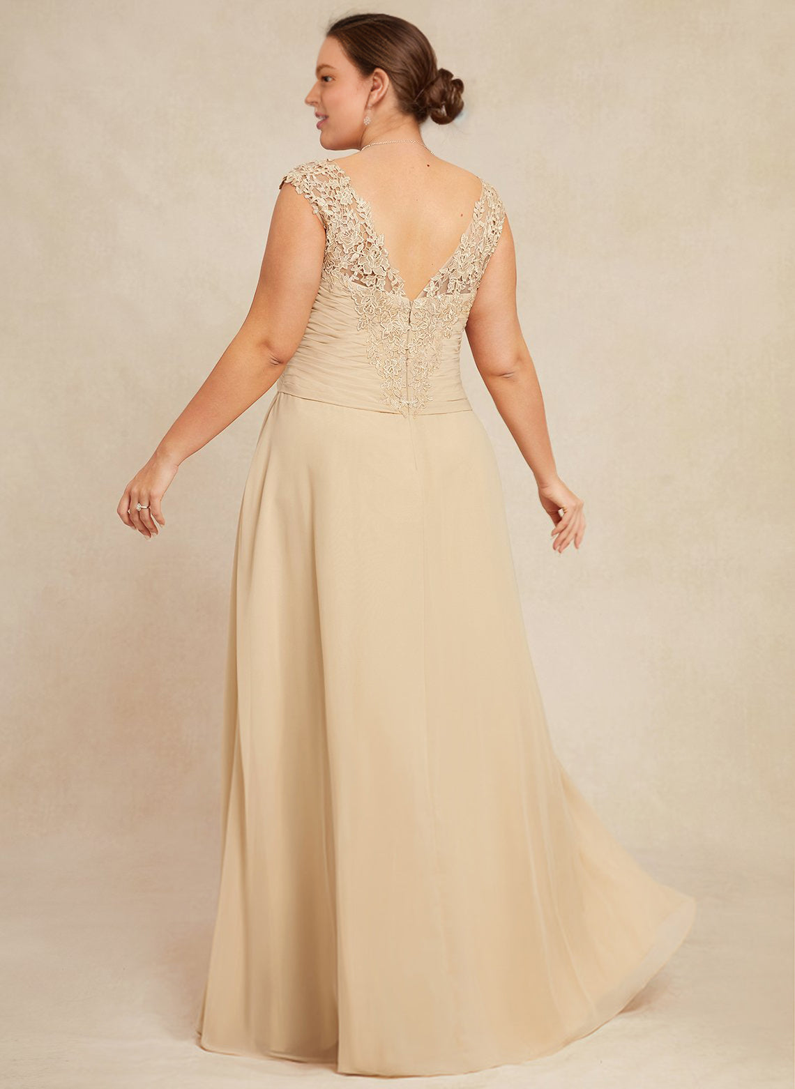 A-line V-Neck Floor-Length Lace Chiffon Mother of the Bride Dress With Cascading Ruffles