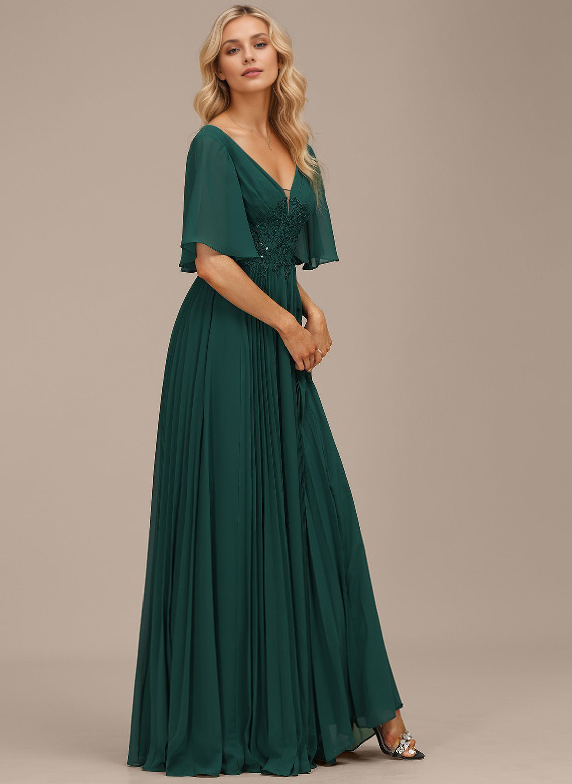 A-line V-Neck Floor-Length Chiffon Mother of the Bride Dress With Sequins Appliques Lace Pleated
