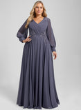 A-line V-Neck Floor-Length Chiffon Mother of the Bride Dress With Sequins Appliques Lace Pleated