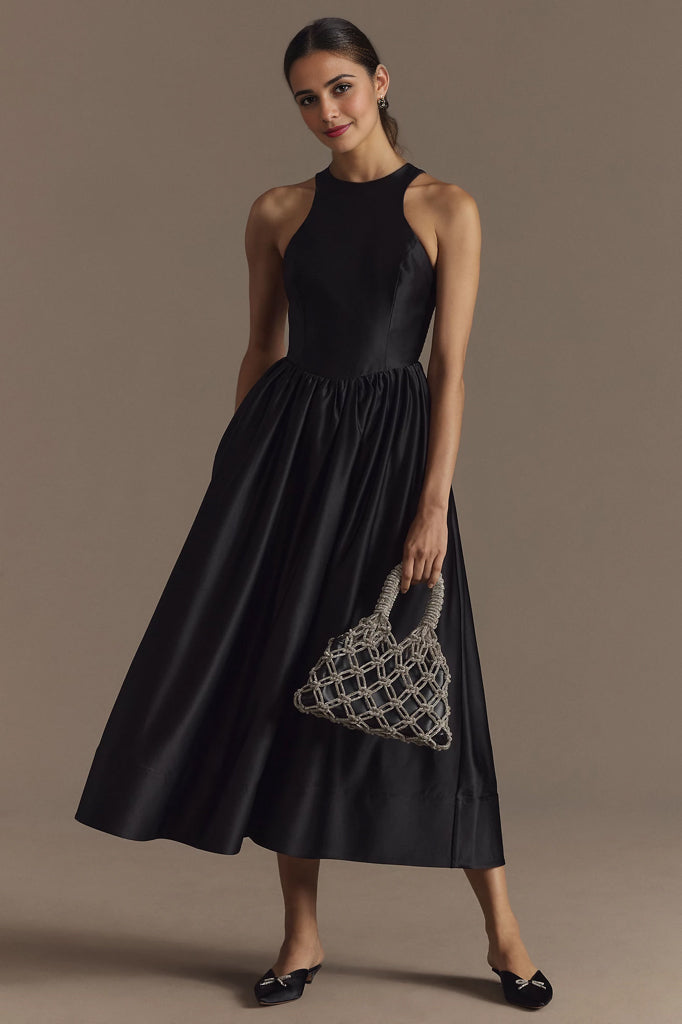 High Neck Satin Duchess A-Line Midi Dress
