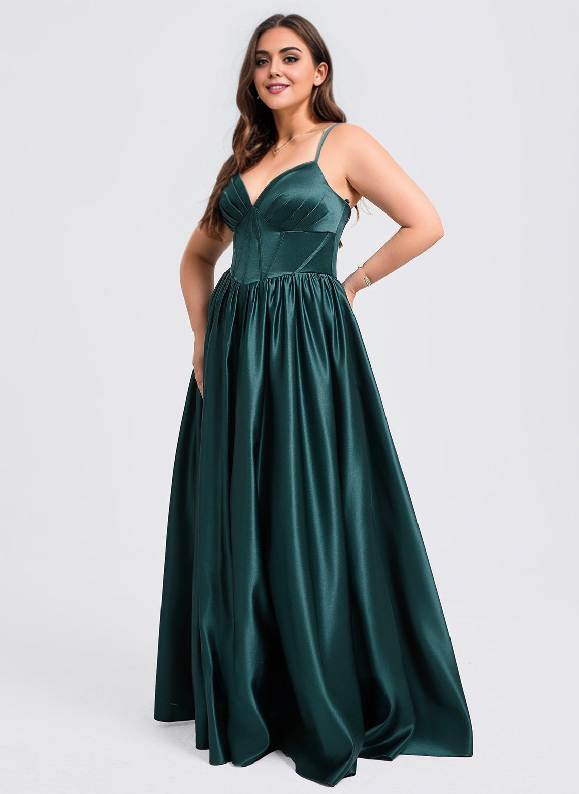 Ball-Gown/Princess V-Neck Floor-Length Satin Prom Dresses With Pleated