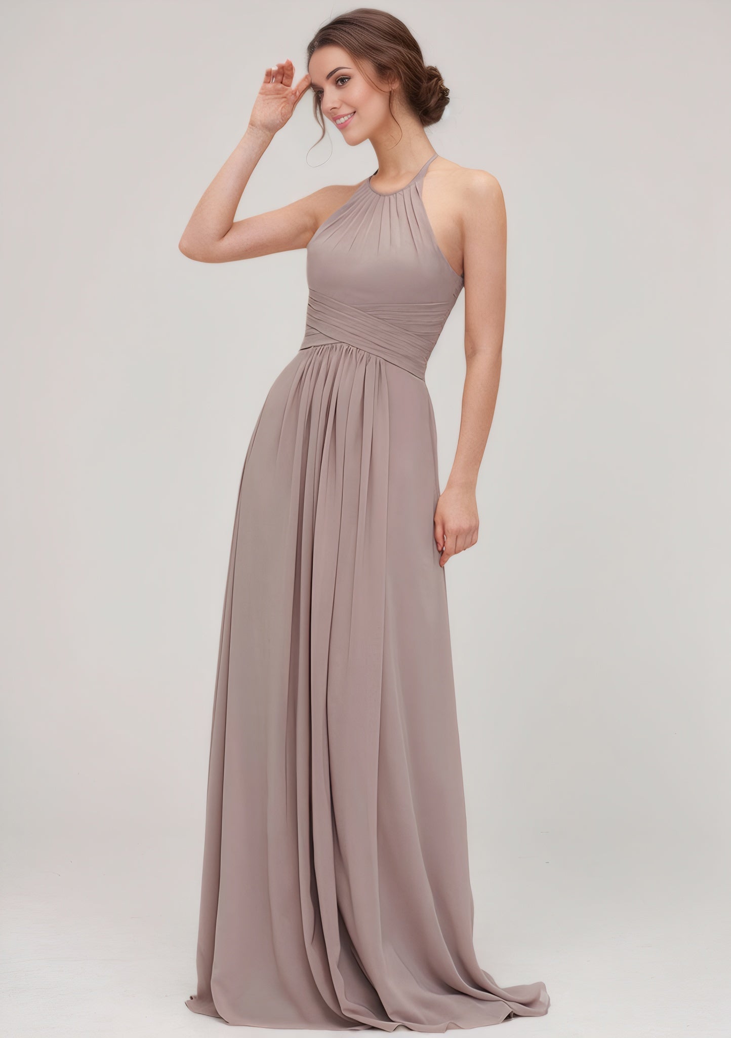A-line/Princess Halter Sleeveless Long/Floor-Length Chiffon Bridesmaid Dresses With Pleated