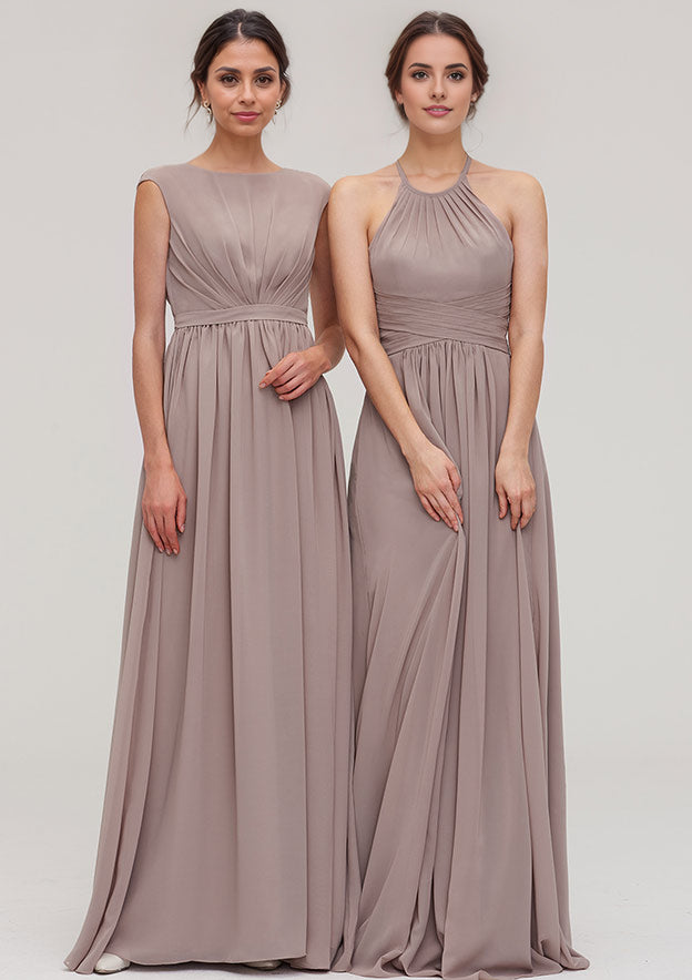 A-line/Princess Halter Sleeveless Long/Floor-Length Chiffon Bridesmaid Dresses With Pleated