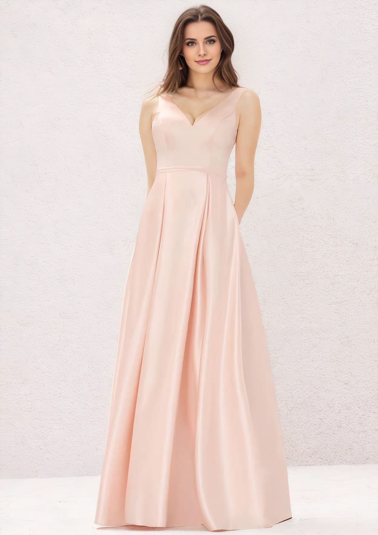 A-line V Neck Sleeveless Long/Floor-Length Satin Bridesmaid Dress With Pleated Pockets