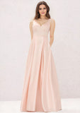 A-line V Neck Sleeveless Long/Floor-Length Satin Bridesmaid Dress With Pleated Pockets