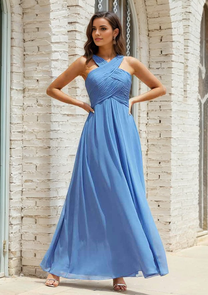 Empire A-line Halter Sleeveless Chiffon Long/Floor-Length Bridesmaid Dress With Pleated