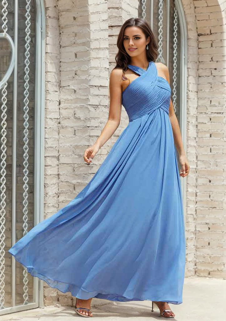 Empire A-line Halter Sleeveless Chiffon Long/Floor-Length Bridesmaid Dress With Pleated