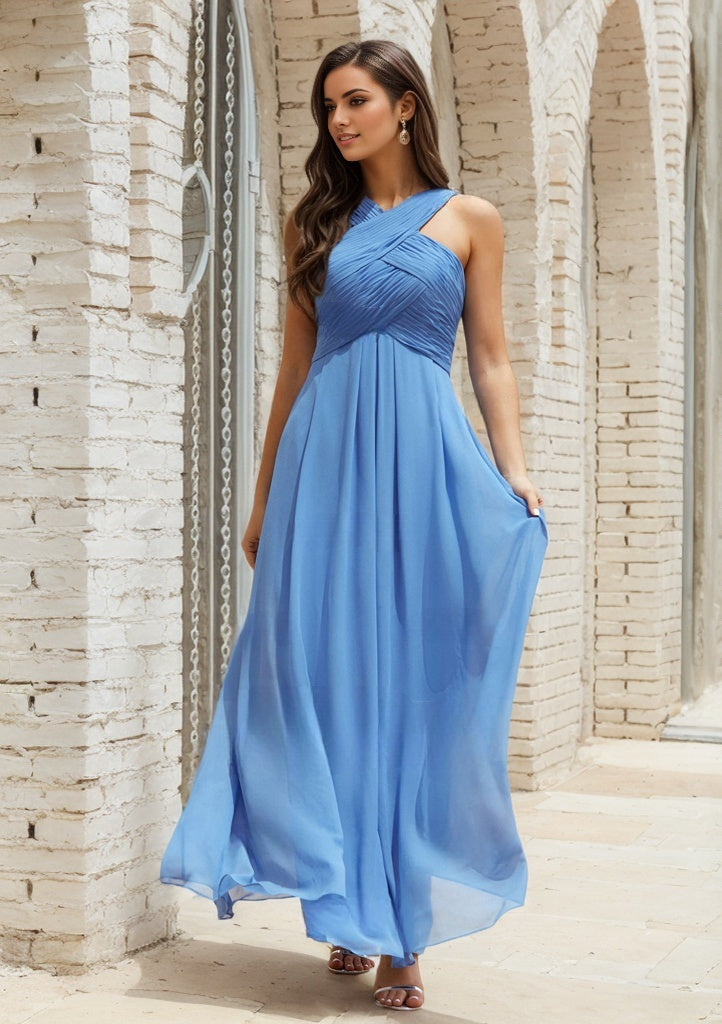 Empire A-line Halter Sleeveless Chiffon Long/Floor-Length Bridesmaid Dress With Pleated