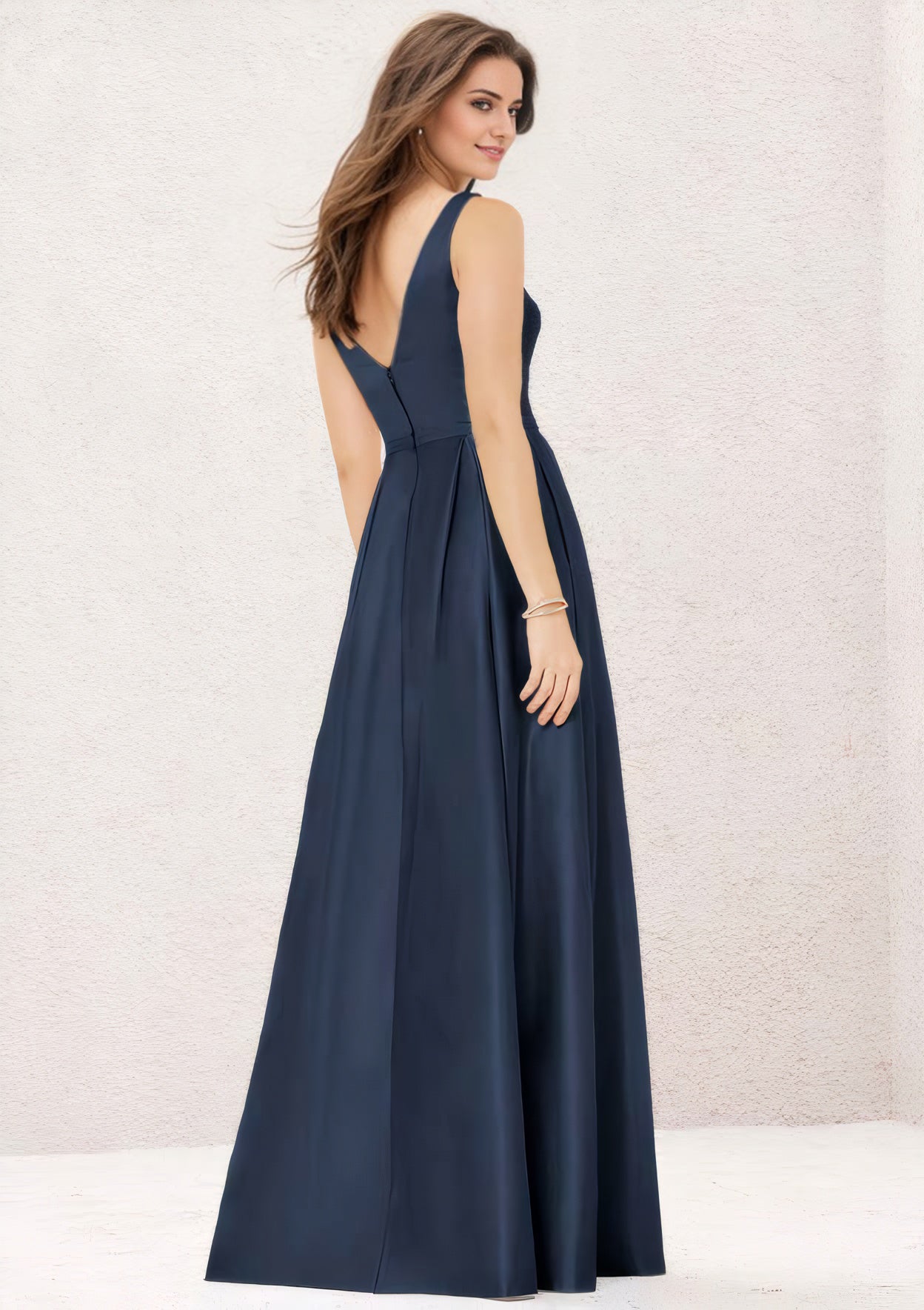 A-line V Neck Sleeveless Long/Floor-Length Satin Bridesmaid Dress With Pleated Pockets