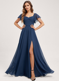 A-line V-Neck Floor-Length Chiffon Bridesmaid Dress With Ruffle