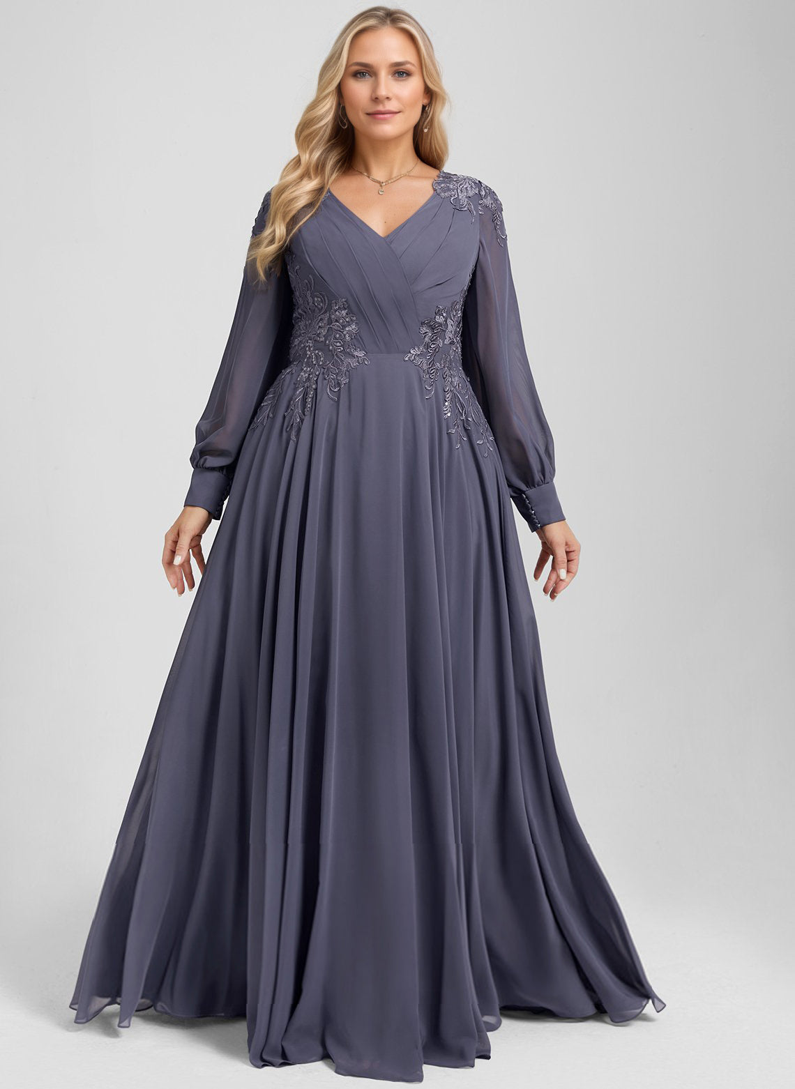 A-line V-Neck Floor-Length Chiffon Mother of the Bride Dress With Sequins Appliques Lace Pleated
