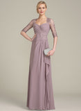 A-line Sweetheart Floor-Length Chiffon Lace Mother of the Bride Dress With Cascading Ruffles Beading Sequins