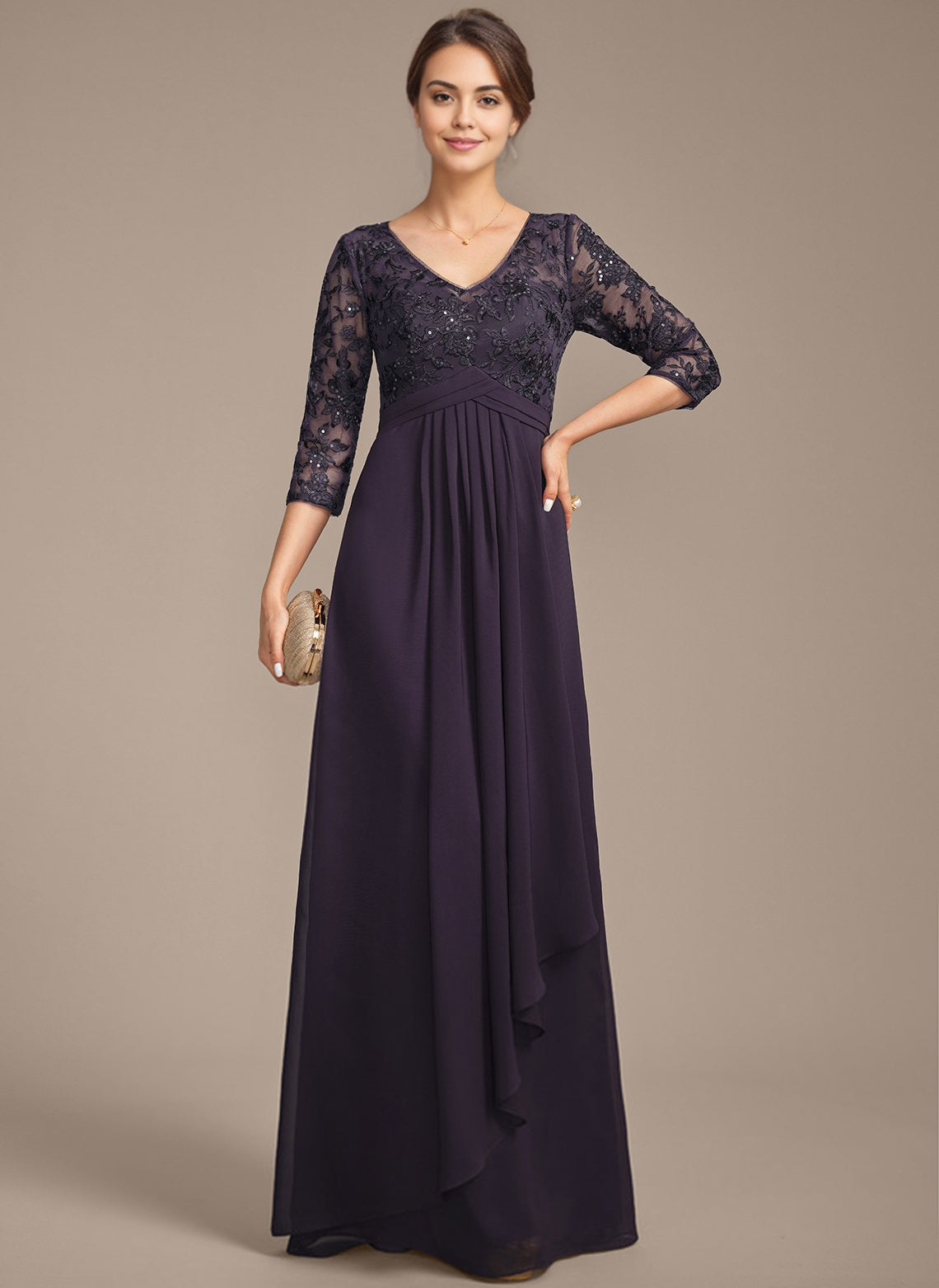 Empire V-Neck Floor-Length Lace Chiffon Mother of the Bride Dress With Cascading Ruffles Sequins
