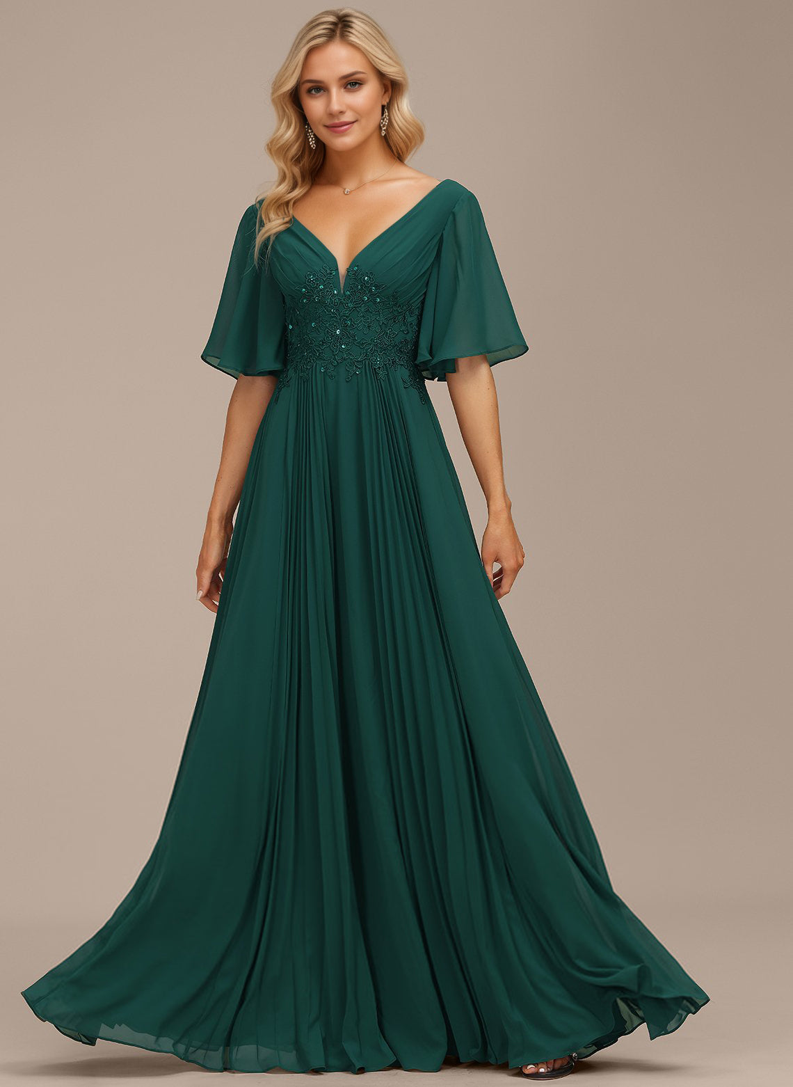 A-line V-Neck Floor-Length Chiffon Mother of the Bride Dress With Sequins Appliques Lace Pleated