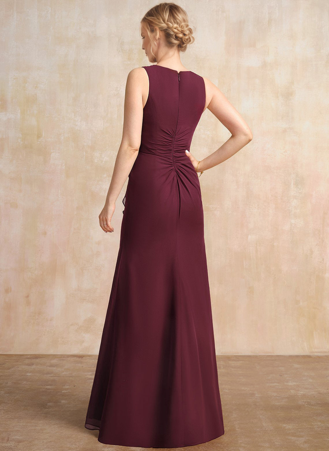 Sheath/Column V-Neck Floor-Length Chiffon Mother of the Bride Dress With Cascading Ruffles Beading