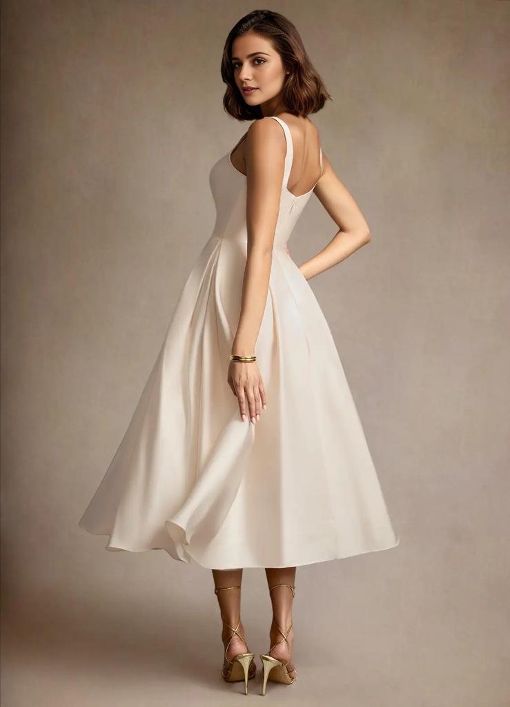 Stretch Satin Square Neck Pleated Midi Dress