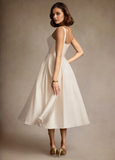 Stretch Satin Square Neck Pleated Midi Dress
