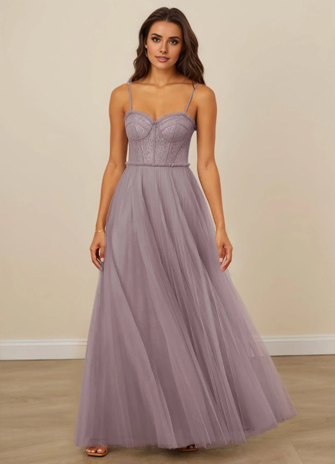 Pleated Tulle and Chantilly Lace A-line Formal/Prom Dress
