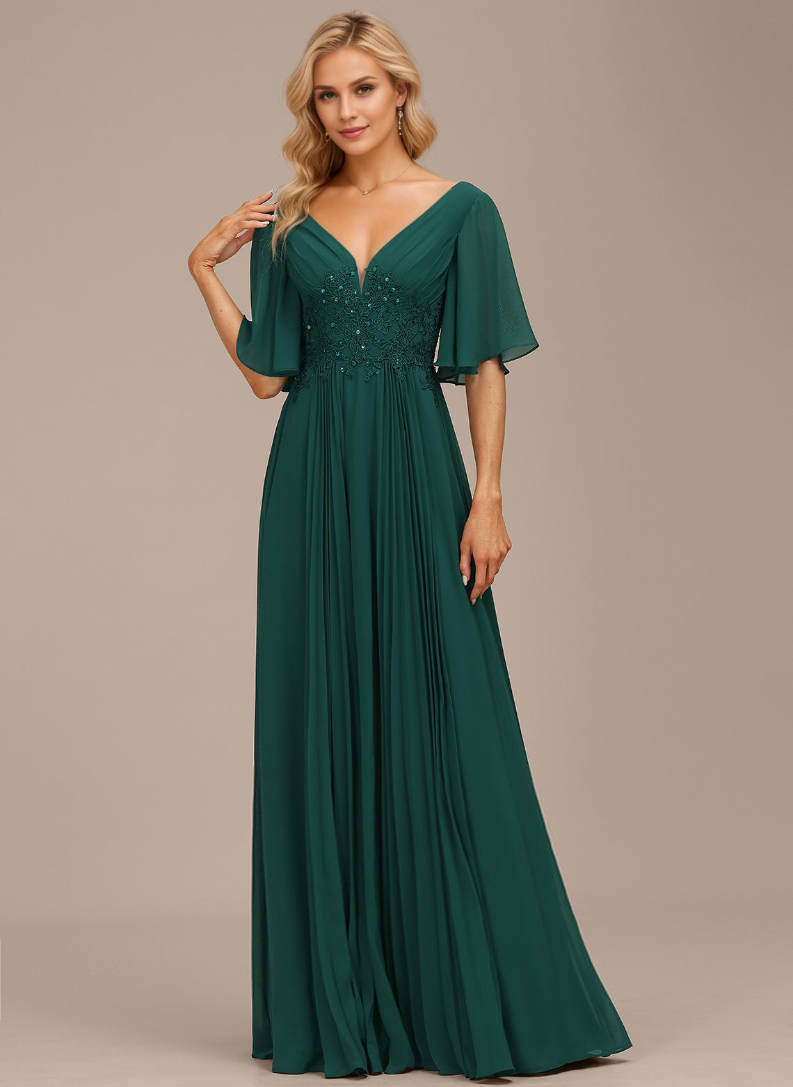 A-line V-Neck Floor-Length Chiffon Mother of the Bride Dress With Sequins Appliques Lace Pleated