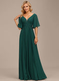 A-line V-Neck Floor-Length Chiffon Mother of the Bride Dress With Sequins Appliques Lace Pleated