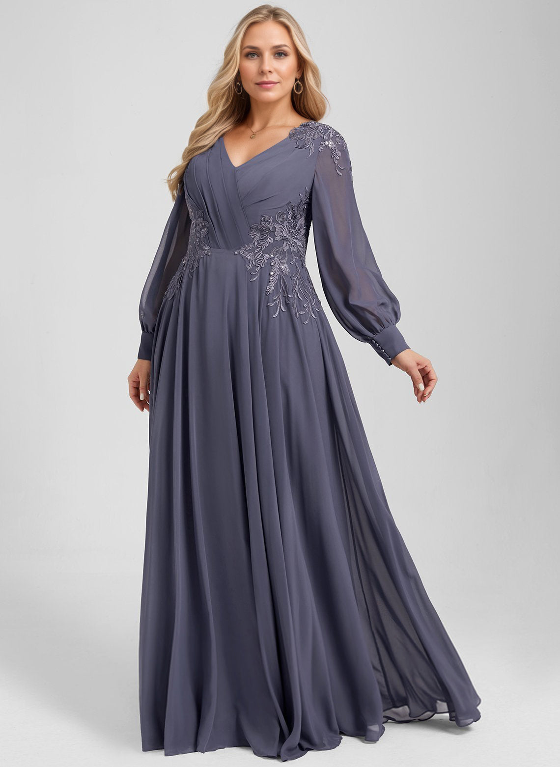 A-line V-Neck Floor-Length Chiffon Mother of the Bride Dress With Sequins Appliques Lace Pleated