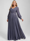 A-line V-Neck Floor-Length Chiffon Mother of the Bride Dress With Sequins Appliques Lace Pleated