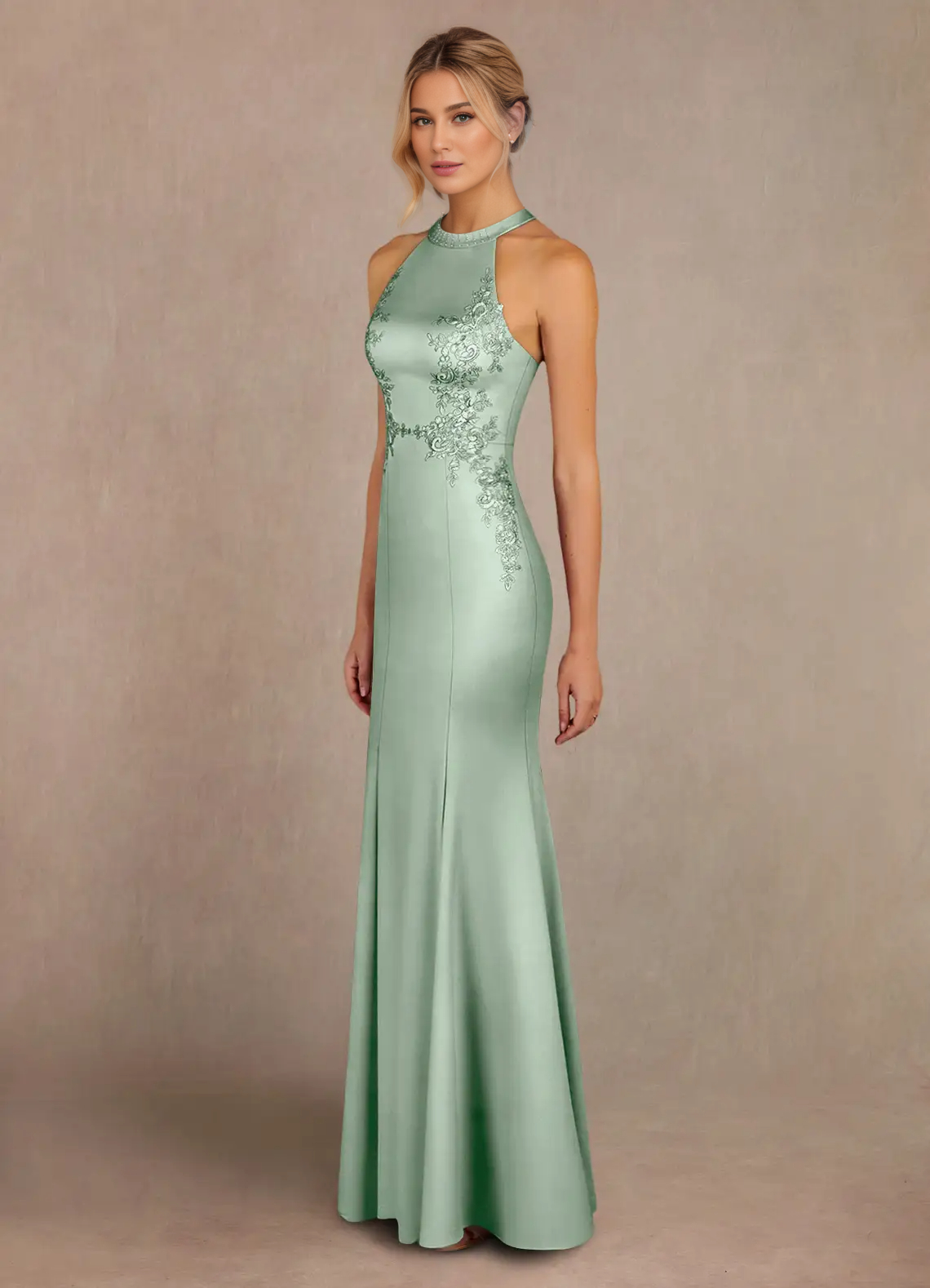 Mermaid Halter Lace Stretch Satin Sweep train Mother of the Bride Dress
