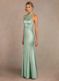 Mermaid Halter Lace Stretch Satin Sweep train Mother of the Bride Dress