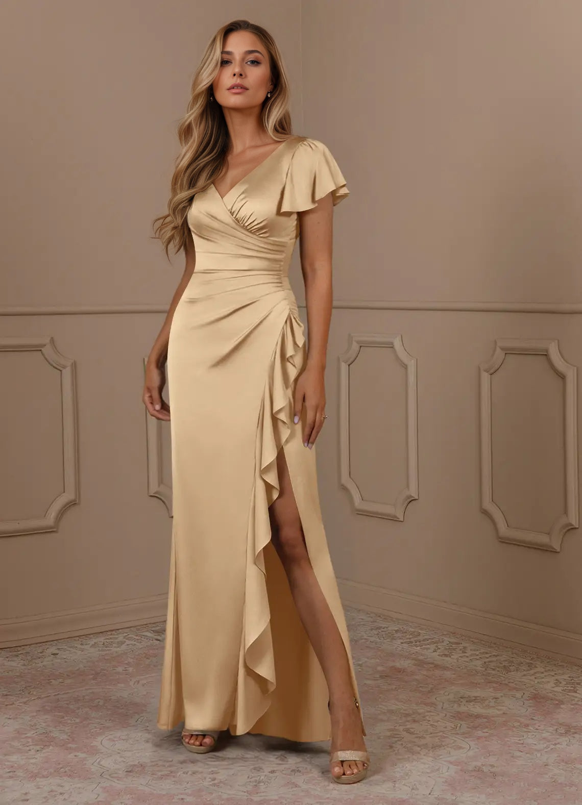 Mermaid V-Neck Pleated Stretch Satin Mother of the Bride Dress