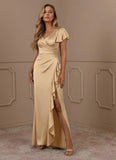 Mermaid V-Neck Pleated Stretch Satin Mother of the Bride Dress