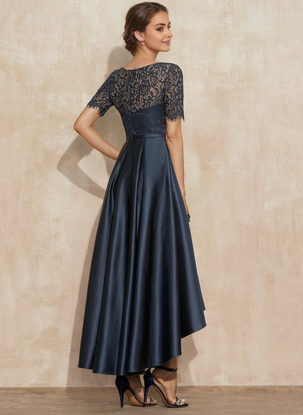 green emerald velvet dress A-Line Mother of The Bride Dress Formal Wedding Guest Elegant High Low Scoop Neck Asymmetrical Tea Length Satin Lace 3/4 Length Sleeve with Pleats main image 1