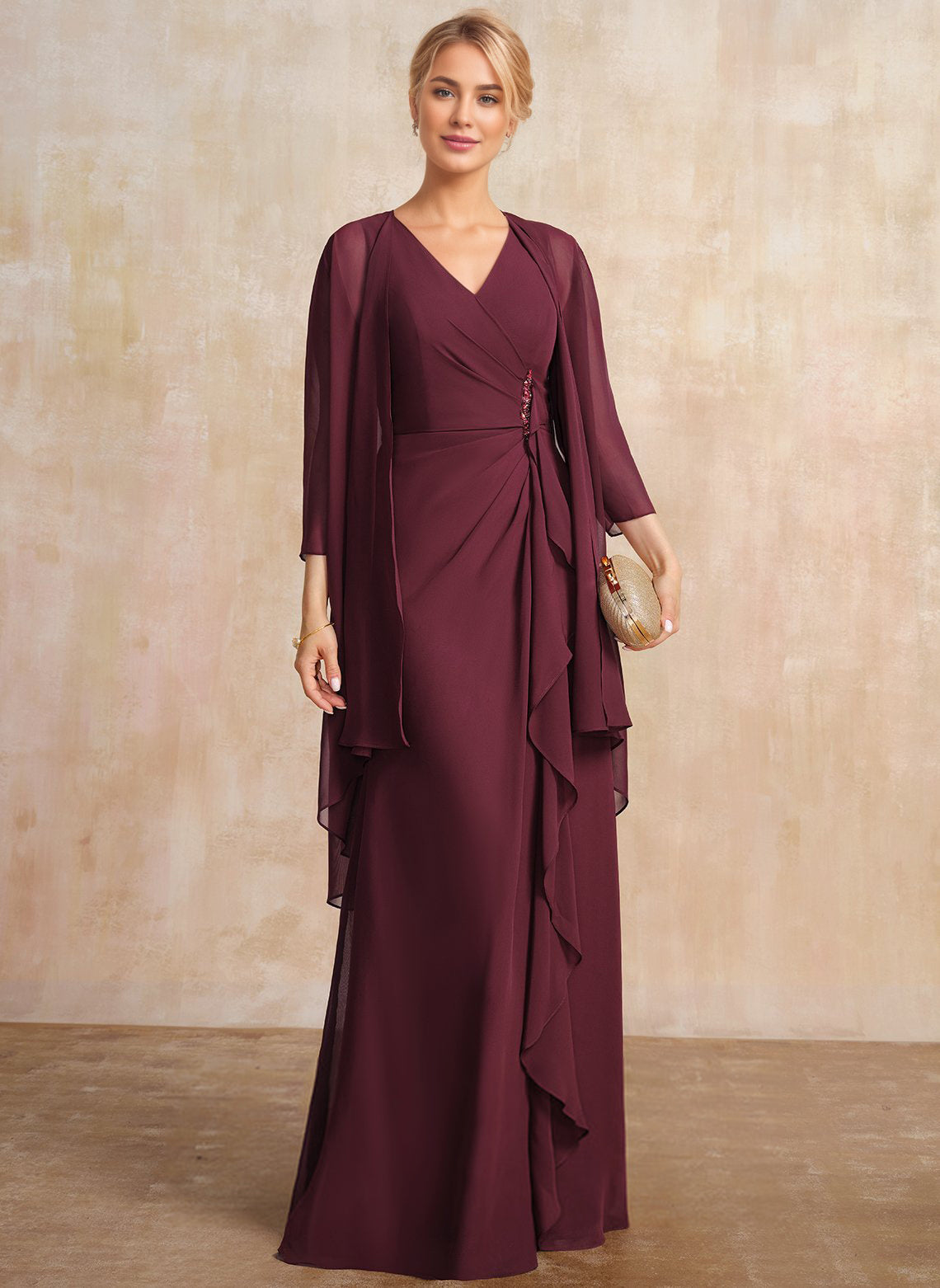Sheath/Column V-Neck Floor-Length Chiffon Mother of the Bride Dress With Cascading Ruffles Beading