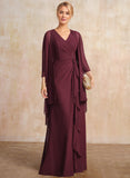 Sheath/Column V-Neck Floor-Length Chiffon Mother of the Bride Dress With Cascading Ruffles Beading
