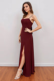 Spaghetti Straps Scoop Neck Long Stretch Satin Bridesmaid Dress with Split