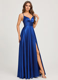 A-line V-Neck Floor-Length Stretch Satin Prom Dresses With Pleated