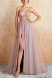 A Line Spaghetti Straps Slit Tulle Prom Dress with Slit