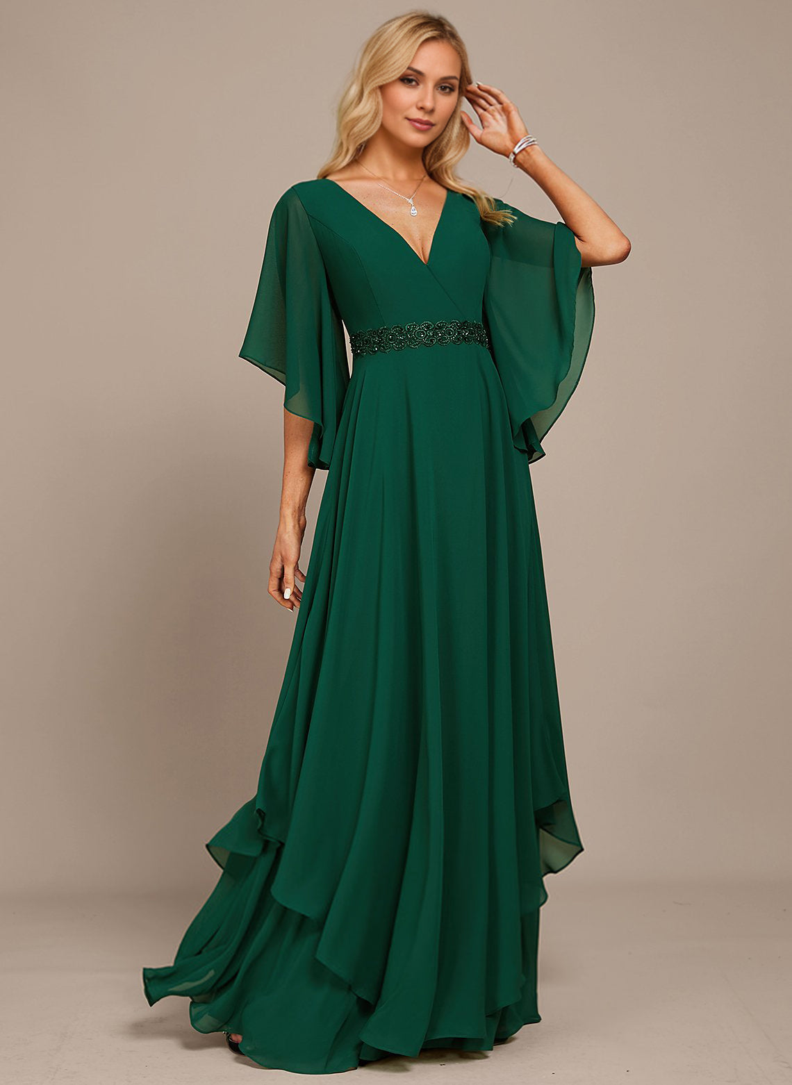 A-line V-Neck Floor-Length Chiffon Mother of the Bride Dress With Sequins Appliques Lace Beading