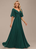 A-line V-Neck Floor-Length Chiffon Mother of the Bride Dress With Sequins Appliques Lace Pleated