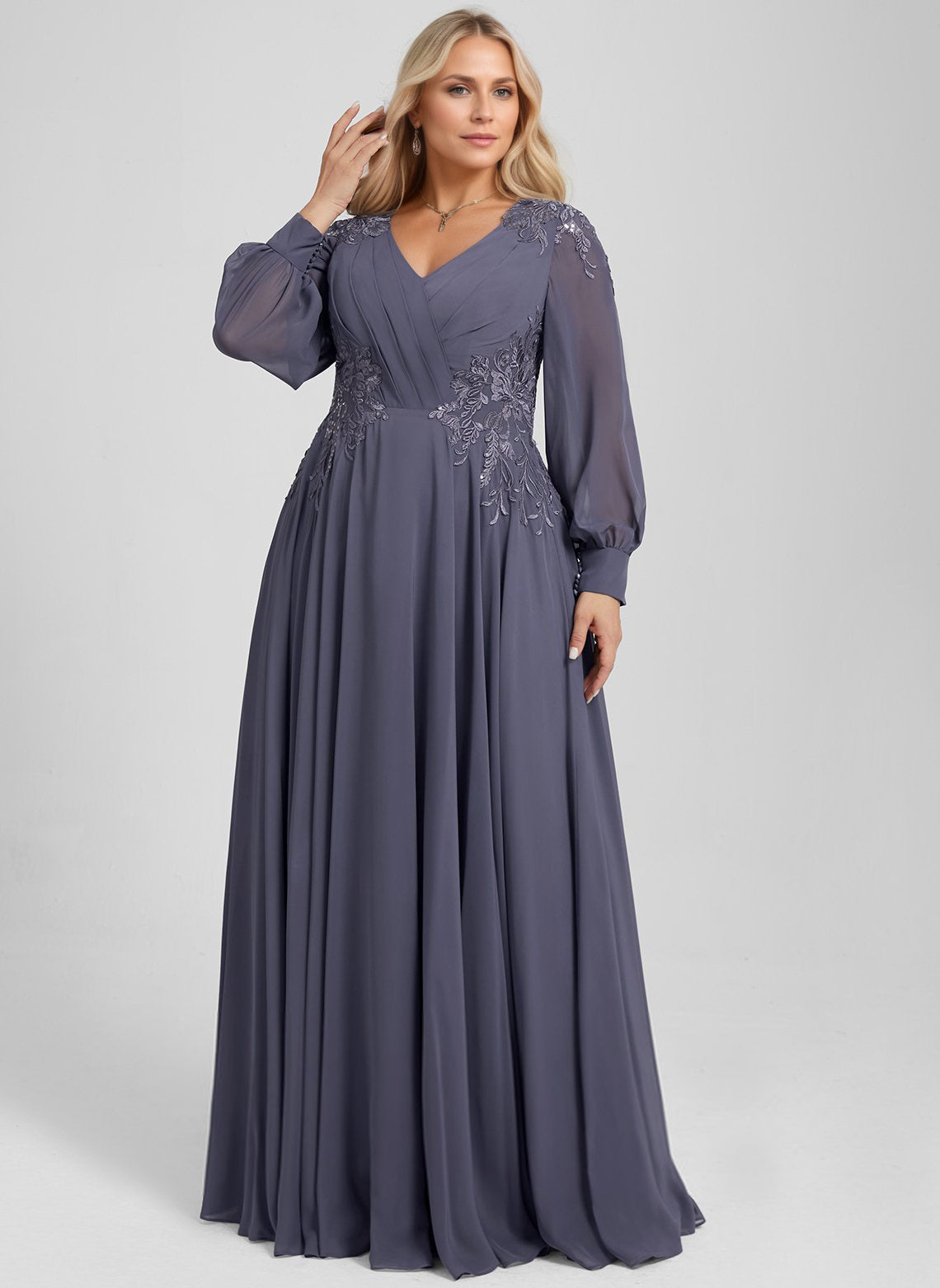 A-line V-Neck Floor-Length Chiffon Mother of the Bride Dress With Sequins Appliques Lace Pleated